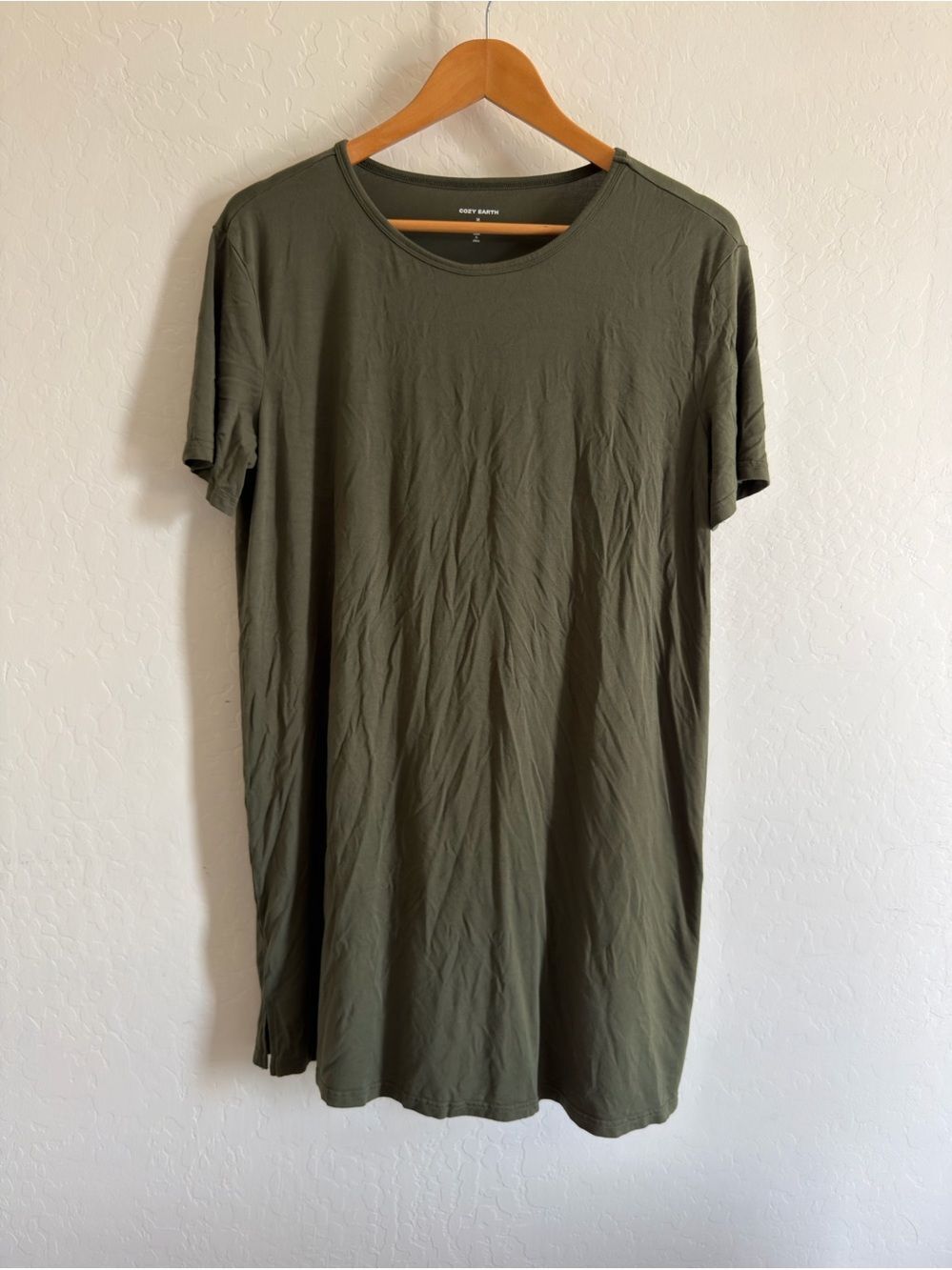 Cozy Earth Bamboo Stretch-Knit Short Sleeve Sleep Dress Nightgown Olive Green M